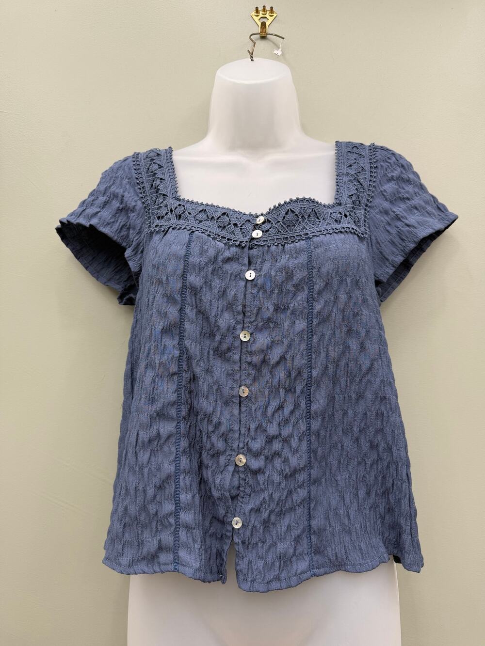 Dusty Indigo Lace Trim Blouse Square Neck Button Front Cottagecore Small